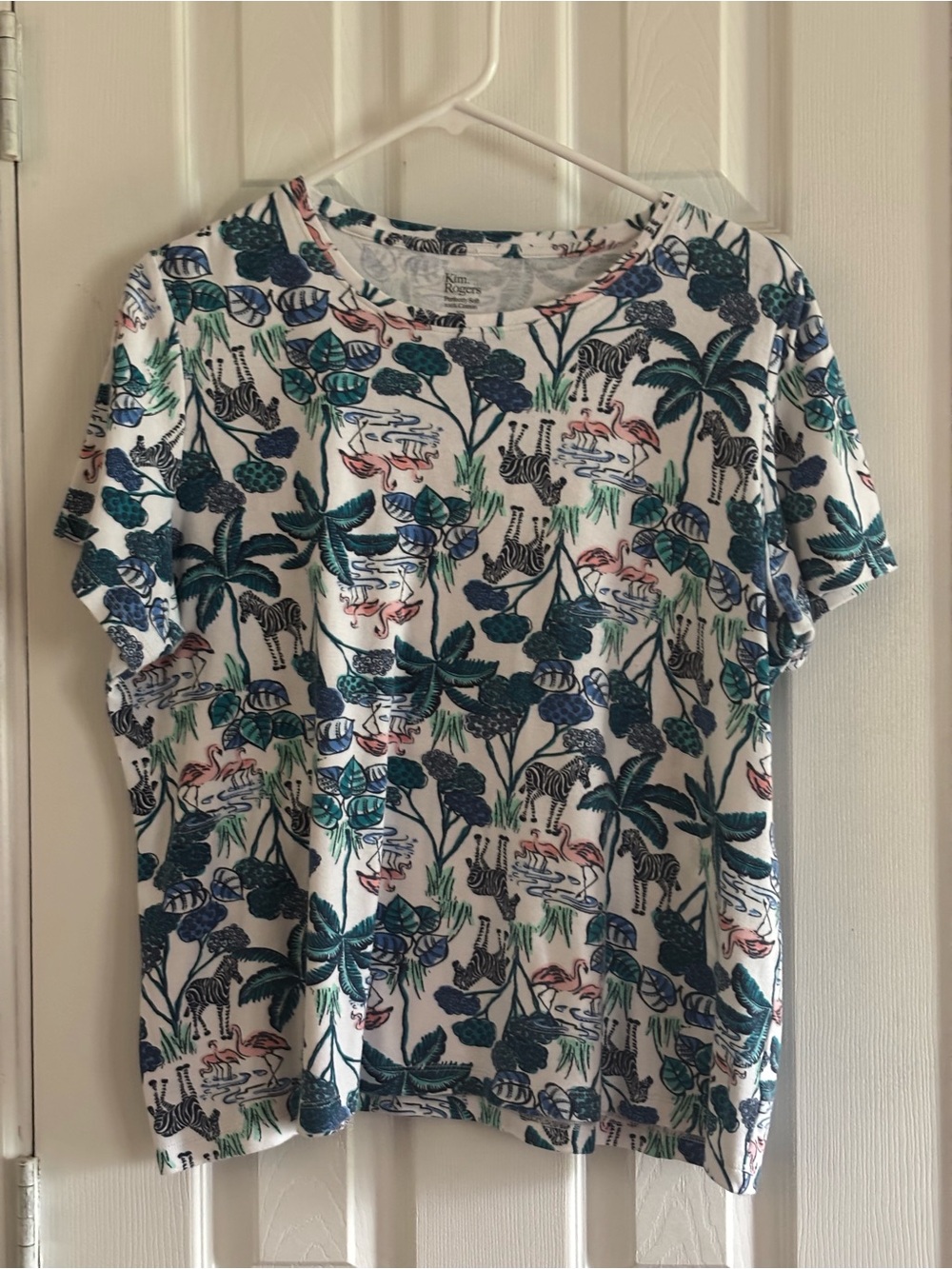 Kim Rogers White Tee with Teal, Navy & Pink Tropical Print